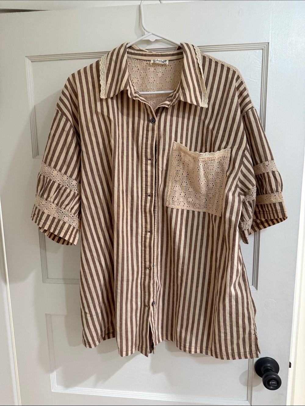 Free People Brown & Cream Striped Button-Up Shirt with Eyelet Pocket